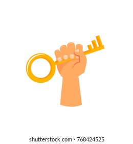 Businessman holding key, arm with golden key, vector cartoon flat illustration isolated on white background
