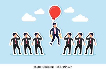 A businessman holding a key attached to a flying balloon, observed by a colleague or competitor, illustration of shifting from competition to business collaboration with solutions