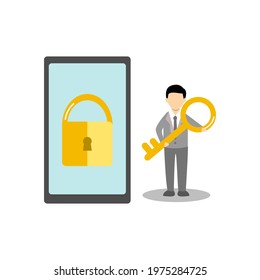 Businessman holding a key beside locked mobile phone vector. Mobile security, data protection concept 