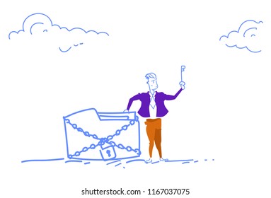 Businessman holding key database chain padlock folder access corporate data protection concept horizontal sketch doodle vector illustration