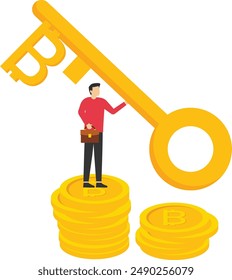 Businessman holding key to financial success. Business, Company, Funds, bitcoin. Modern vector illustration in flat style.


