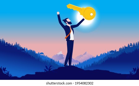 Businessman holding key in hand outdoors - Man cheering after having found the key to success. Vector illustration.