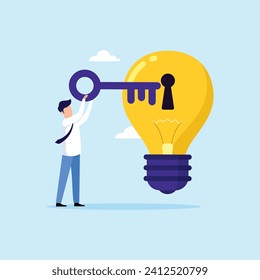 Businessman holding key to insert into key hold on lightbulb idea lamp. Unlock new idea creativity concept