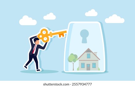 A businessman holding a key intends to insert it into a keyhole on a glass containing a house, illustration of solutions for securing business property assets