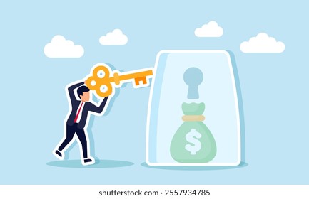 A businessman holding a key intends to insert it into a keyhole on a glass containing a sack of money, illustration of solutions for securing financial business assets