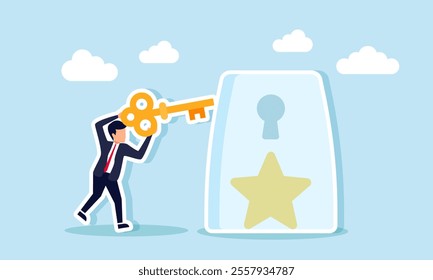 A businessman holding a key intends to insert it into a keyhole on a glass containing a star, illustration of solutions for securing business performance quality