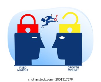 Businessman holding key with jumping from fixed mindset move to Growth mindset thinking concept vector illustrator.