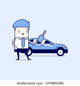 Businessman holding a key of a new car. Cartoon character thin line style vector.