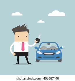 Businessman holding a key of a new car vector