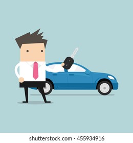 Businessman holding a key of a new car. vector