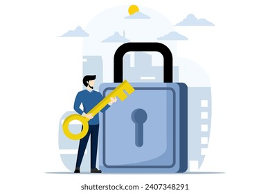 businessman holding key to open pad lock. professionals to provide solutions, Key to unlock, solve business problems, key to business success or unlock business accessibility concept.