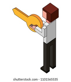 businessman holding key security back view isometric
