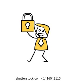 businessman holding key for security concept yellow stick figure