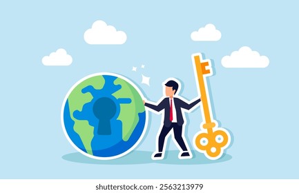 A businessman holding a key standing next to a globe with a keyhole, illustration of a solution to become an international scale company