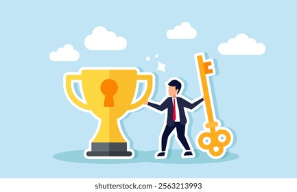 A businessman holding a key standing next to a trophy with a keyhole, illustration of solutions and strategies to become a leading company