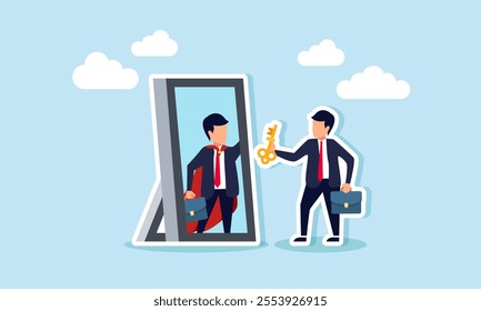 A businessman holding a key stands before a mirror reflecting a super businessman, illustration of a solution-oriented businessman identifying business opportunities