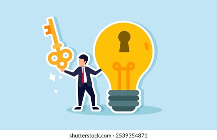 A businessman holding a key stands beside a lamp with a keyhole, illustration of finding solutions through relevant innovations and new business ideas