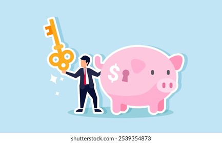 A businessman holding a key stands next to a piggy bank with a keyhole, illustration of finding solutions to investment problems
