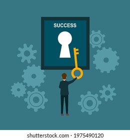 Businessman holding key of success in flat design. Key to success strategy concept.