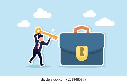 A businessman holding a key trying to open a briefcase, illustrating the authority to approve a task