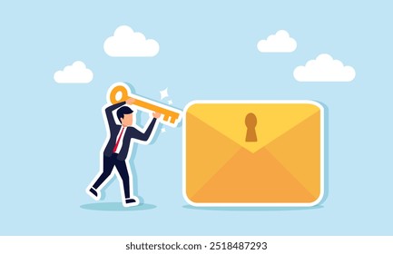 A businessman holding a key trying to open an envelope, illustrating the authority to approve a request or message