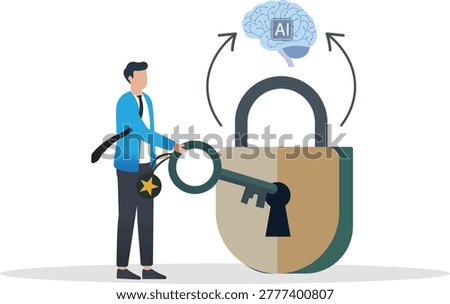 Businessman holding a key to unlock a padlock with artificial intelligence AI brain icon concept.
