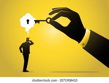 Businessman holding a key unlocking another man mind, thought bubble with keyhole, find out what other people think