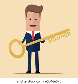 Businessman  holding key with word "solution". Business concept. Vector illustration