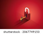 Businessman holding keys ready to unlock on red background to find a solution or security. vector illustration. isometric vector illustration.