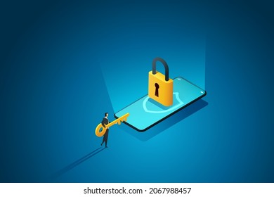 Businessman holding keys ready to unlock internet security on a locked mobile phone. isometric vector illustration.