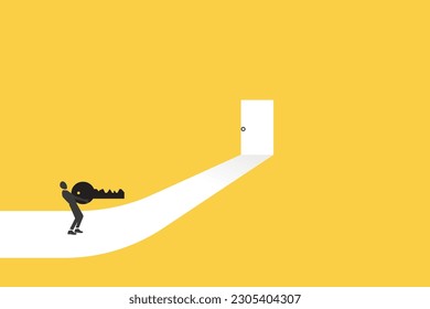 Businessman holding keys walking up to door. concept of success, opportunity, career and challenges