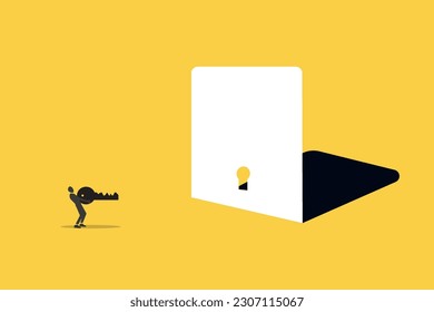 Businessman holding keys walking to door. concept of success, opportunity, career and challenges