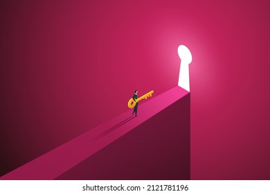 Businessman holding keys walking up to keyhole door shining on big dark pink wall, concept business opportunity and challenges in the future. isometric vector illustration.