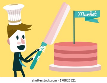 Businessman holding knife to cut a cake. Market Share Concept. Vector