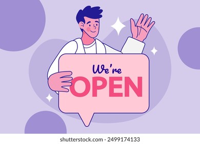 Businessman holding label text "We're OPEN". The store opens again. Small business. letter for service and business re-opening. Cute Flat Vector Illustration.