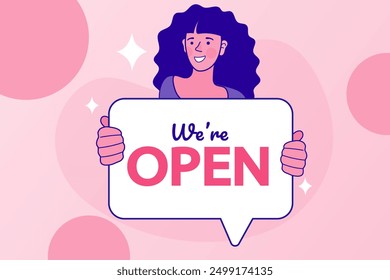 Businessman holding label text "We're OPEN". The store opens again. Small business. letter for service and business re-opening. Cute Flat Vector Illustration.