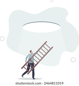 businessman holding ladder looking at hope light planning to climb and escape through hole.flat vector illustration.