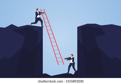 Businessman holding a ladder to rescue a companion falling into the bottom of a cliff