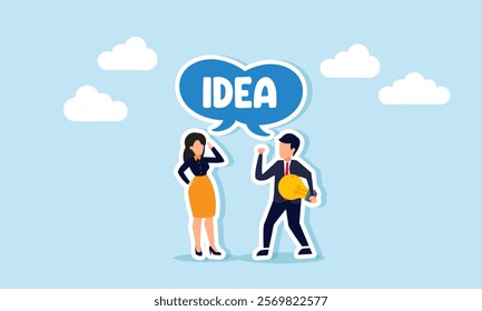 A businessman holding a lamp and a businesswoman sharing an idea, illustration of exchanging thoughts on creativity, ideas, and business innovation