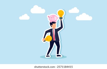 A businessman holding a lamp with a piggy bank above his head, illustration of the importance of applying ideas and innovations to increase business investment