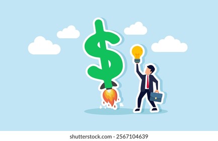 A businessman holding a lamp stands beside a dollar sign launching like a rocket, illustration of using ideas and innovation to exponentially boost business profit and revenue