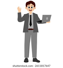 Businessman holding laptop, business activities. Man in suit with smile, full body photo