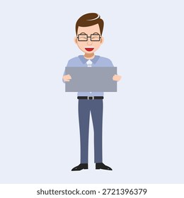 Empresário segurando uma ilustração vetorial do computador laptop