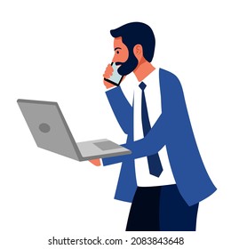 Businessman holding laptop computer while talking on smartphone with customer in flat design on white background.