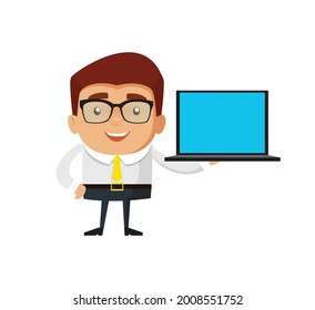 Empresario sostiene la ilustración 014 de la caricatura del vector plano de la laptop