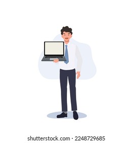 businessman holding laptop. Flat vector cartoon illustration