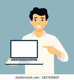 Businessman holding laptop notebook and showing the thumb up. Full length portrait of businessman in a flat style. Vector illustration.