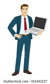 Businessman holding laptop notebook. Vector illustration.