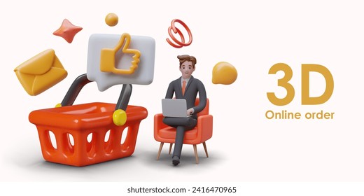 Businessman holding laptop and selecting products. Online order via modern device. Cartoon shopping basket and envelope. Vector illustration in 3d style with gray background and place for text