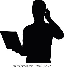 a Businessman holding a Laptop with talking cell phone, silhouette vector.